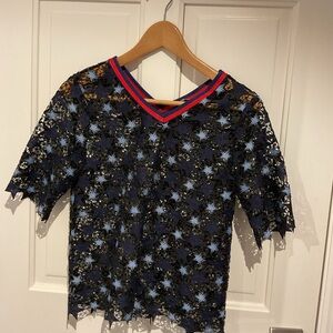 Sandro Black Star Lace Tee with Red and Blue Trim